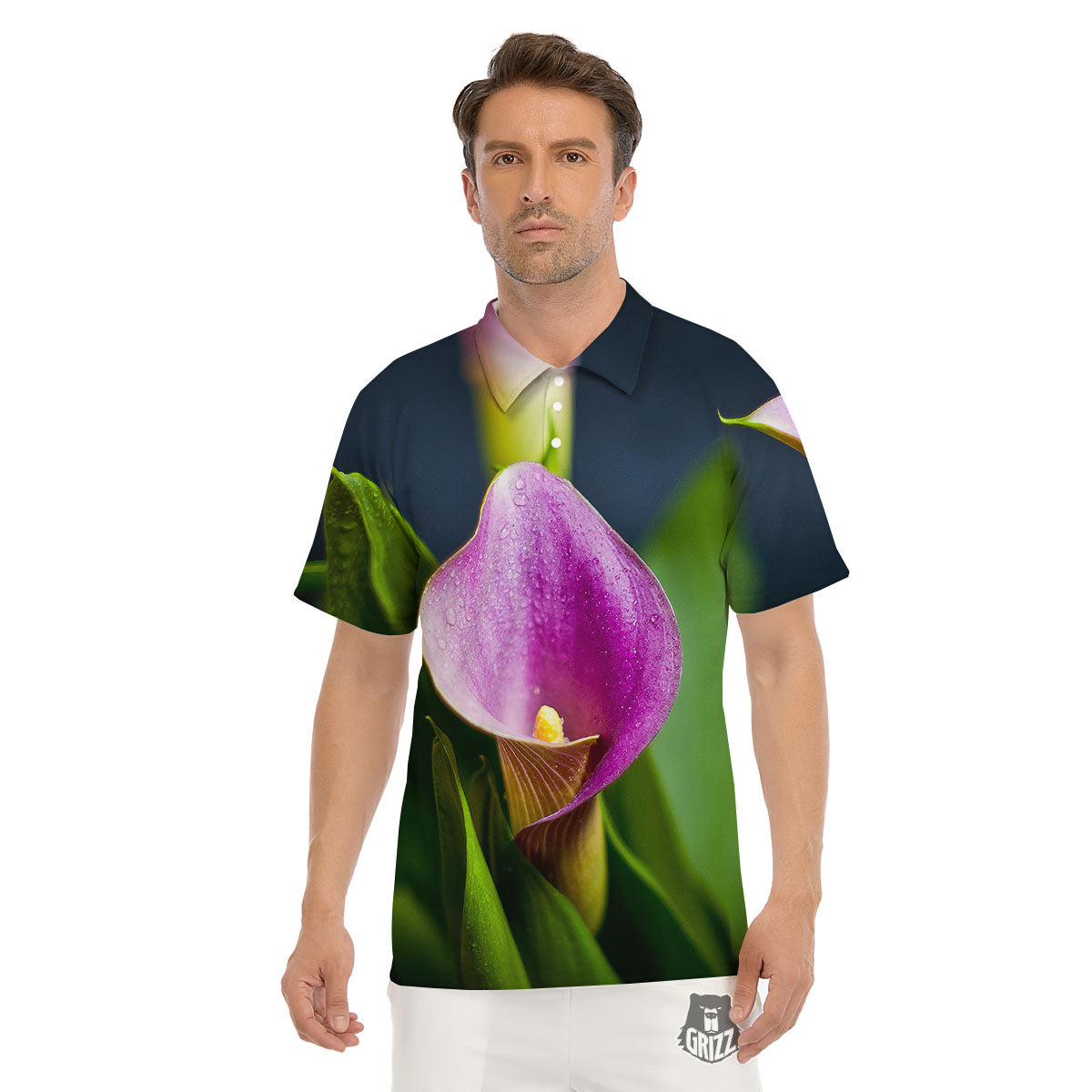 Flower Lily Purple Print Men's Golf Shirts-grizzshop