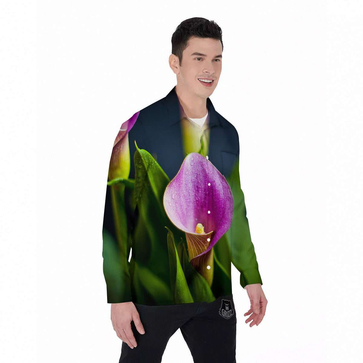 Flower Lily Purple Print Men's Long Sleeve Shirts-grizzshop