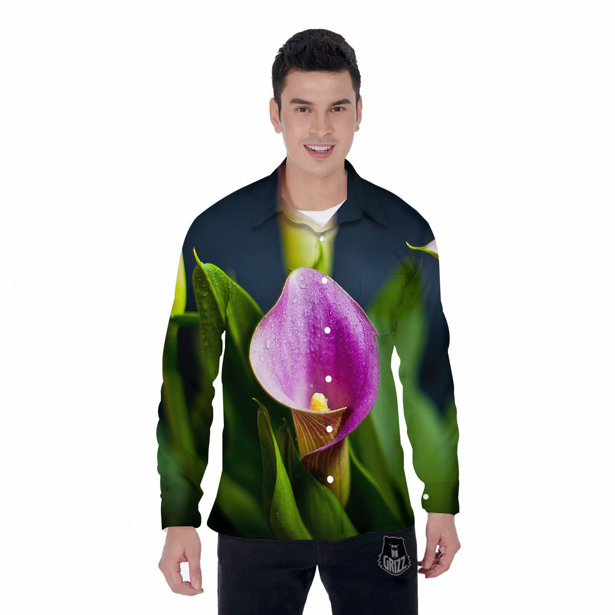 Flower Lily Purple Print Men's Long Sleeve Shirts-grizzshop