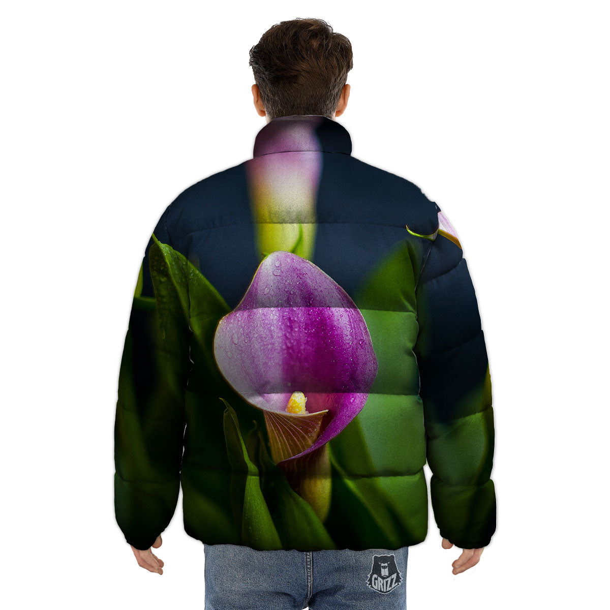 Flower Lily Purple Print Puffer Jacket-grizzshop