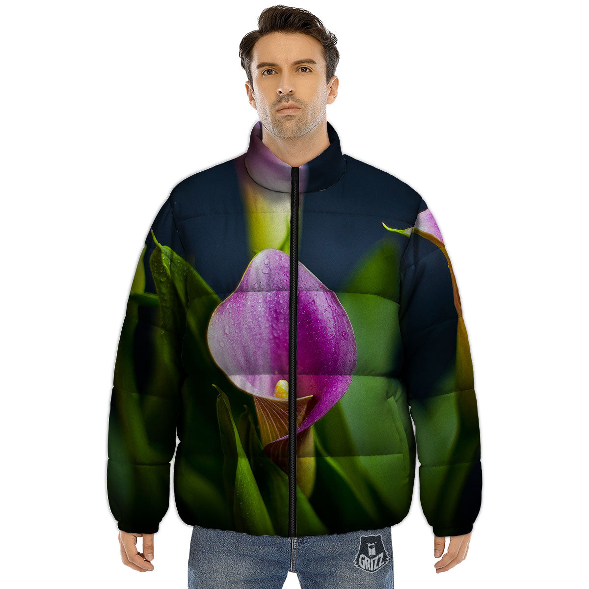 Flower Lily Purple Print Puffer Jacket-grizzshop