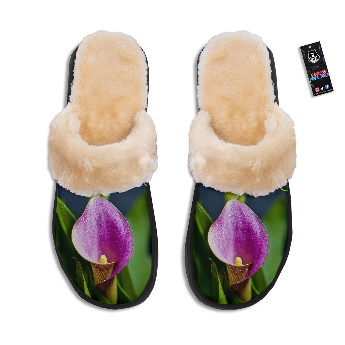 Flower Lily Purple Print Slippers-grizzshop