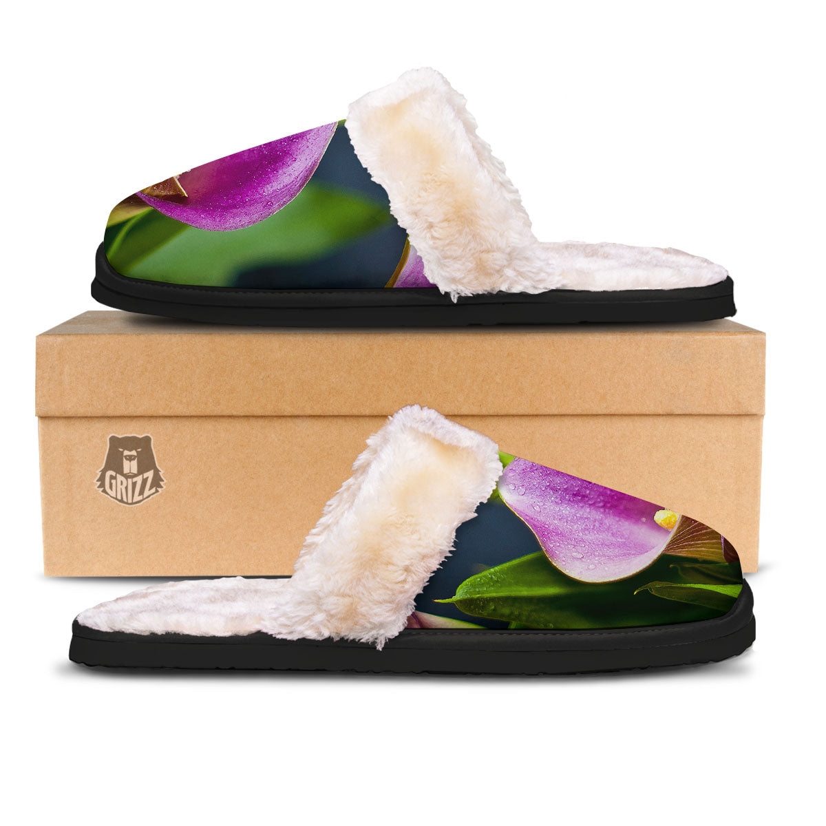 Flower Lily Purple Print Slippers-grizzshop