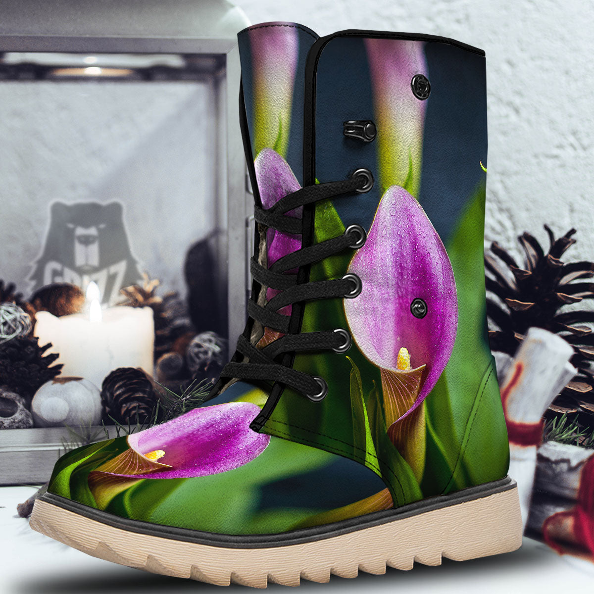 Flower Lily Purple Print Snow Boots-grizzshop