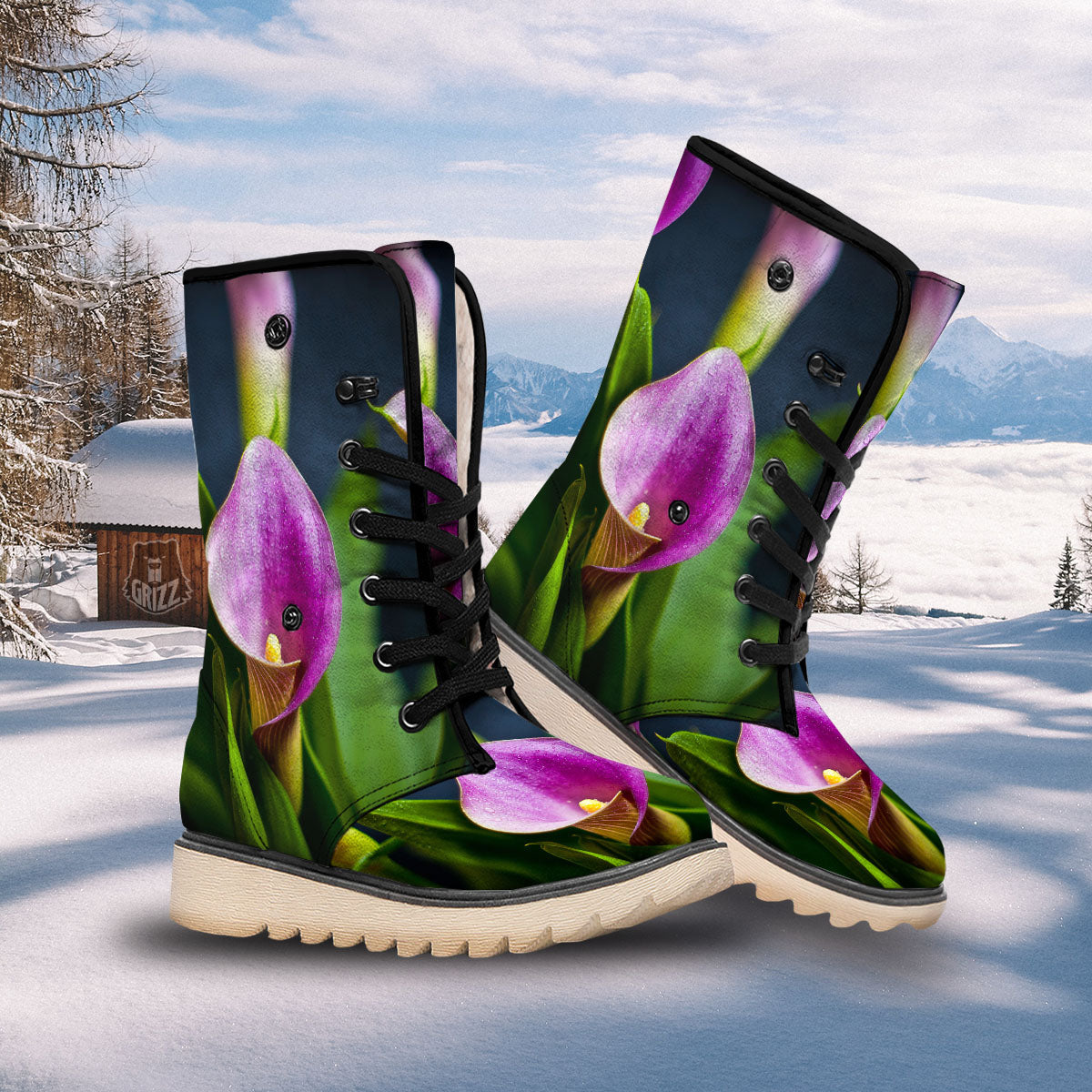 Flower Lily Purple Print Snow Boots-grizzshop