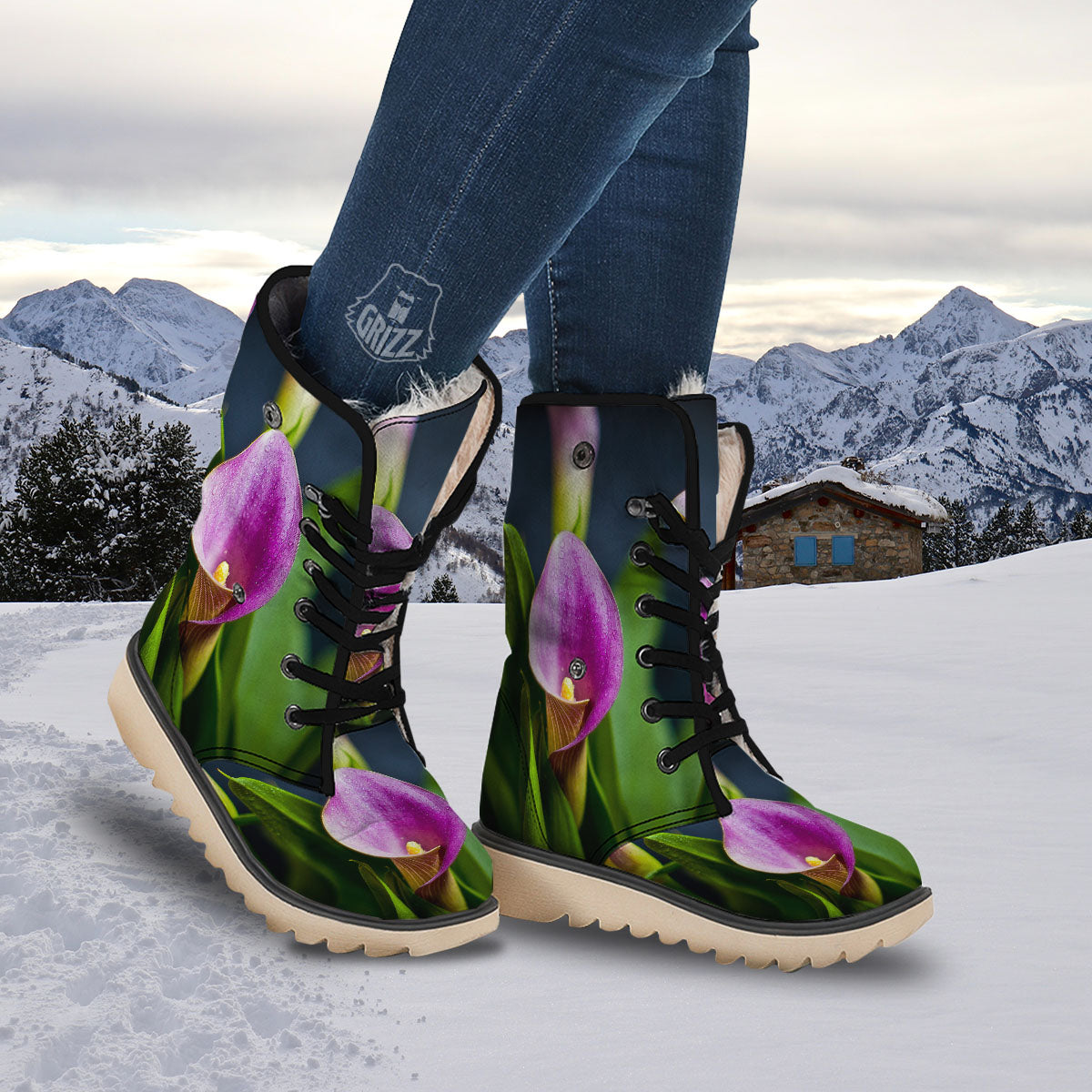 Flower Lily Purple Print Snow Boots-grizzshop