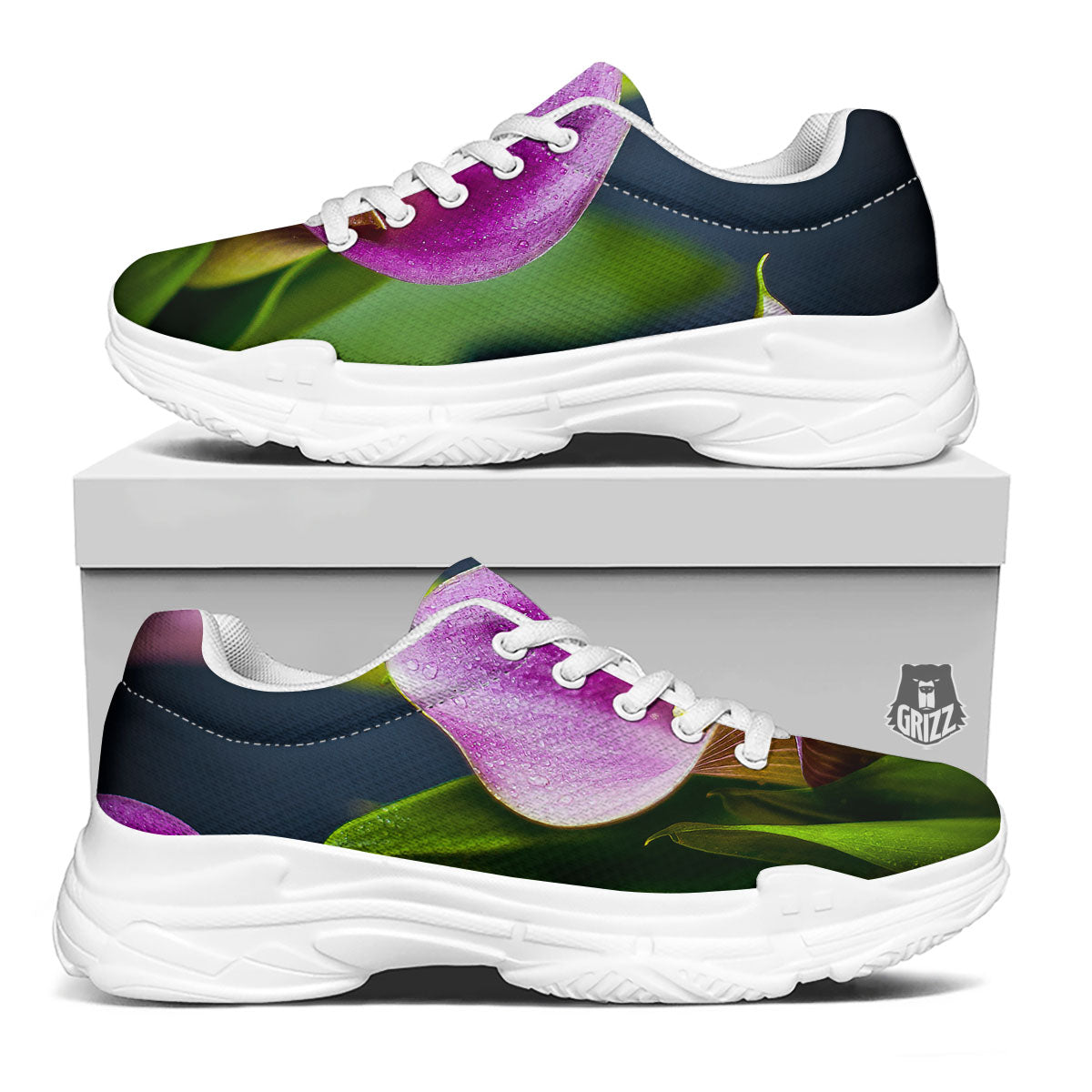 Flower Lily Purple Print White Chunky Shoes-grizzshop