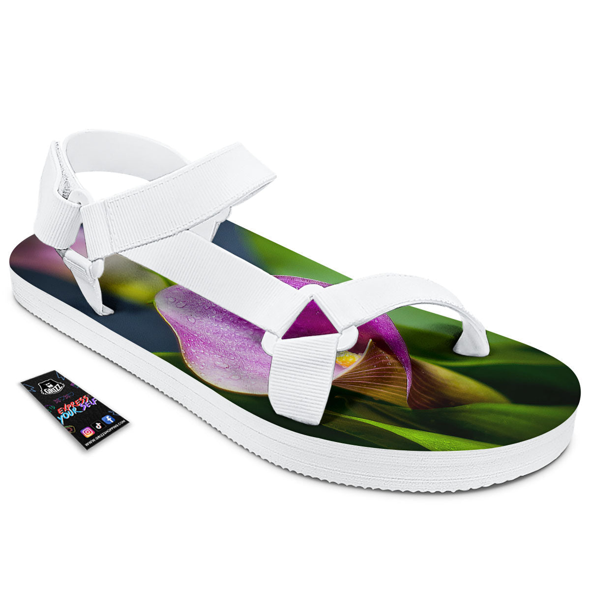 Flower Lily Purple Print White Open Toe Sandals-grizzshop