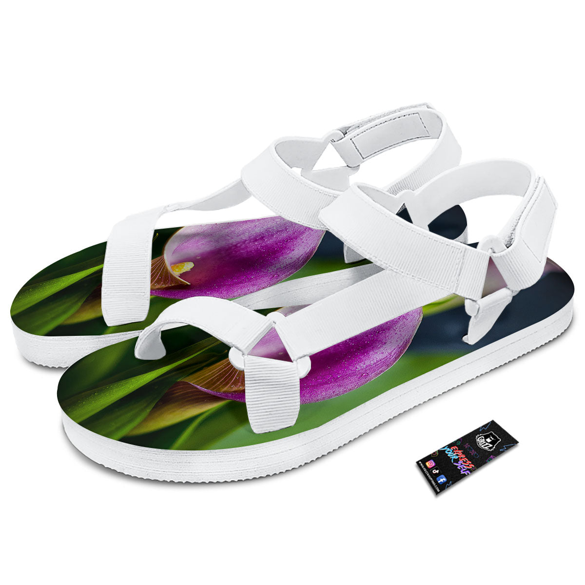 Flower Lily Purple Print White Open Toe Sandals-grizzshop