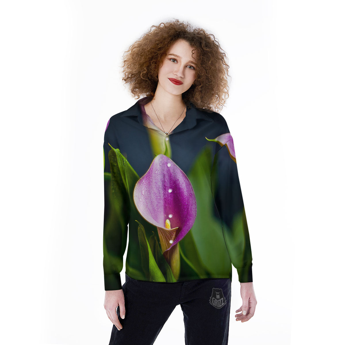 Flower Lily Purple Print Women's Long Sleeve Shirts-grizzshop