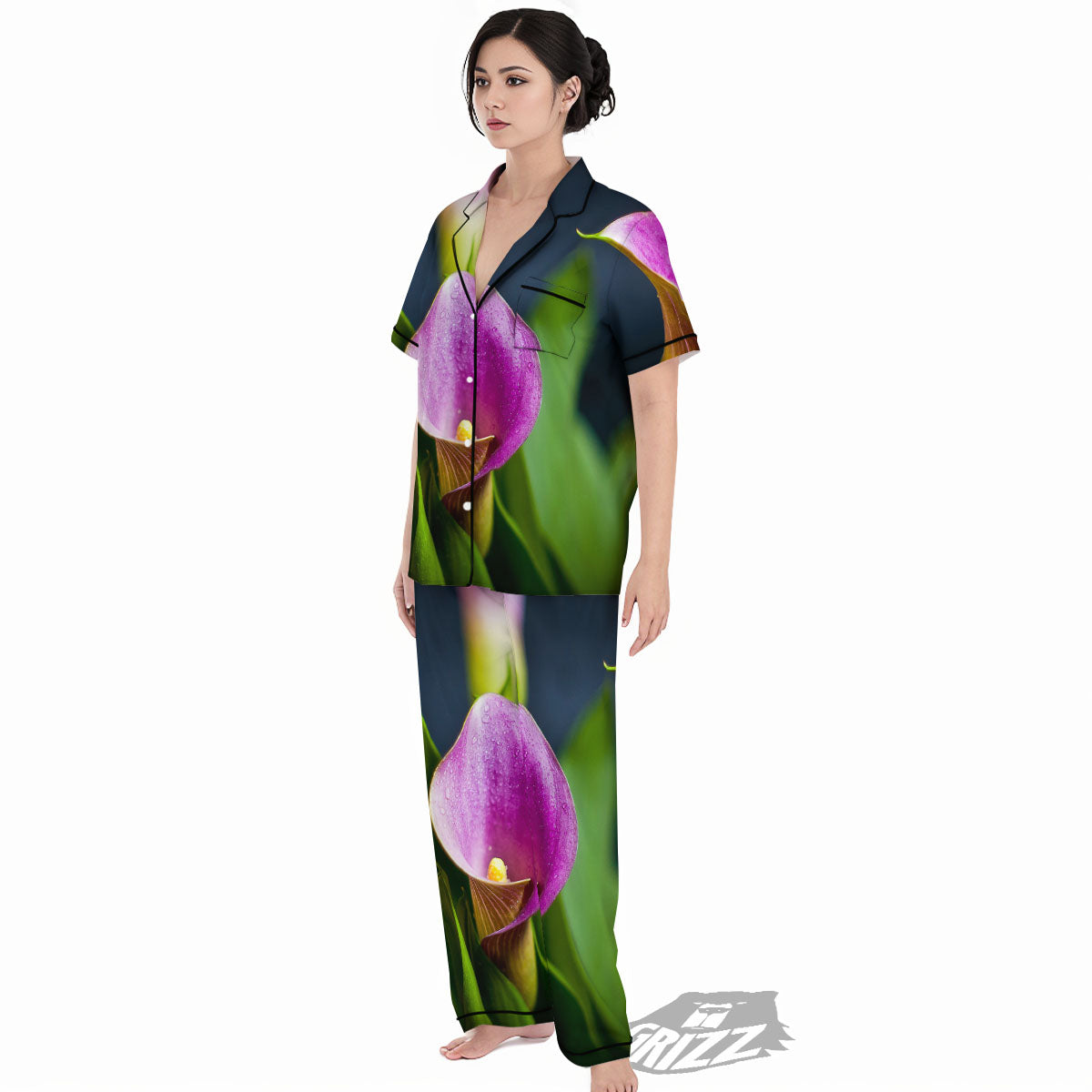 Flower Lily Purple Print Women's Pajamas Set-grizzshop