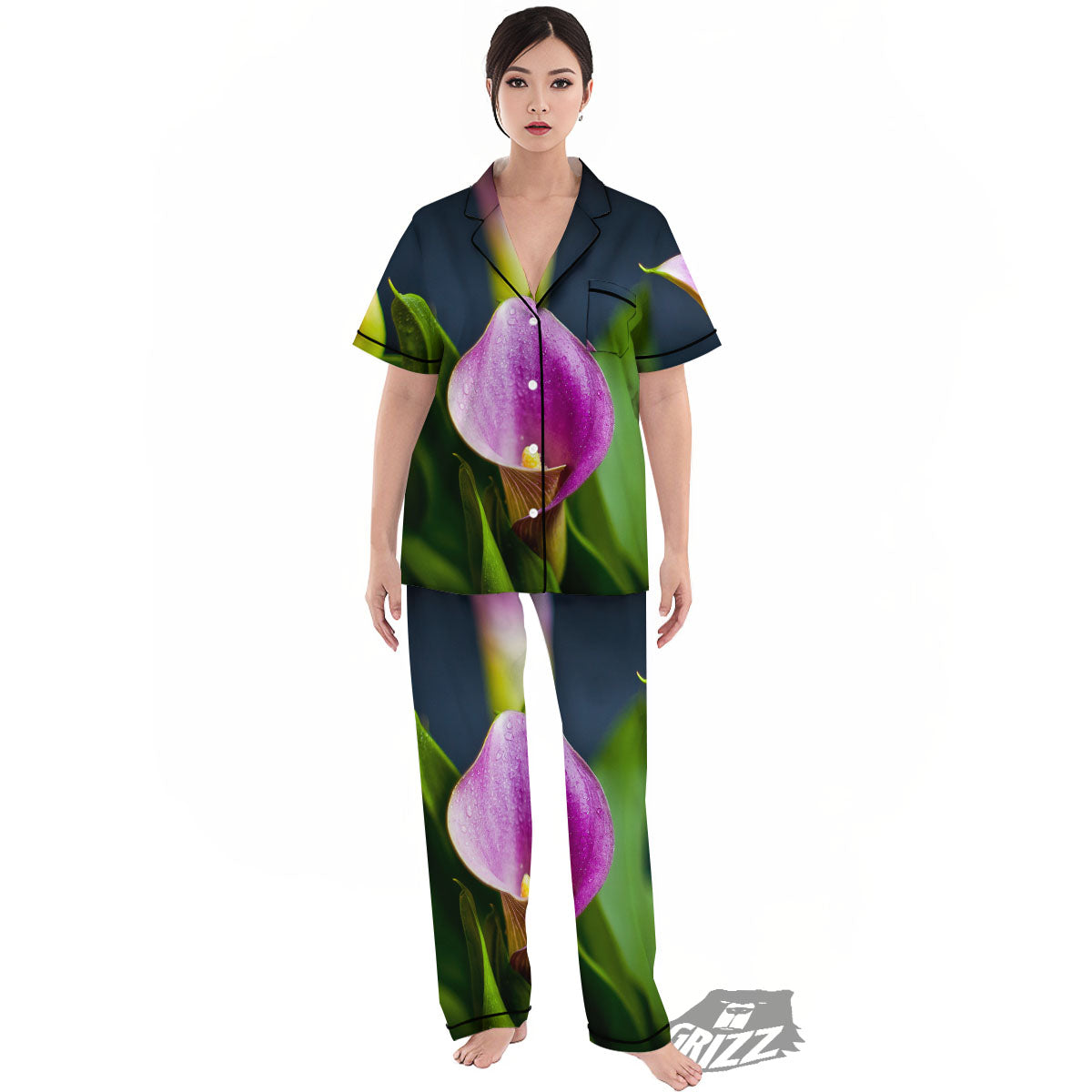 Flower Lily Purple Print Women's Pajamas Set-grizzshop