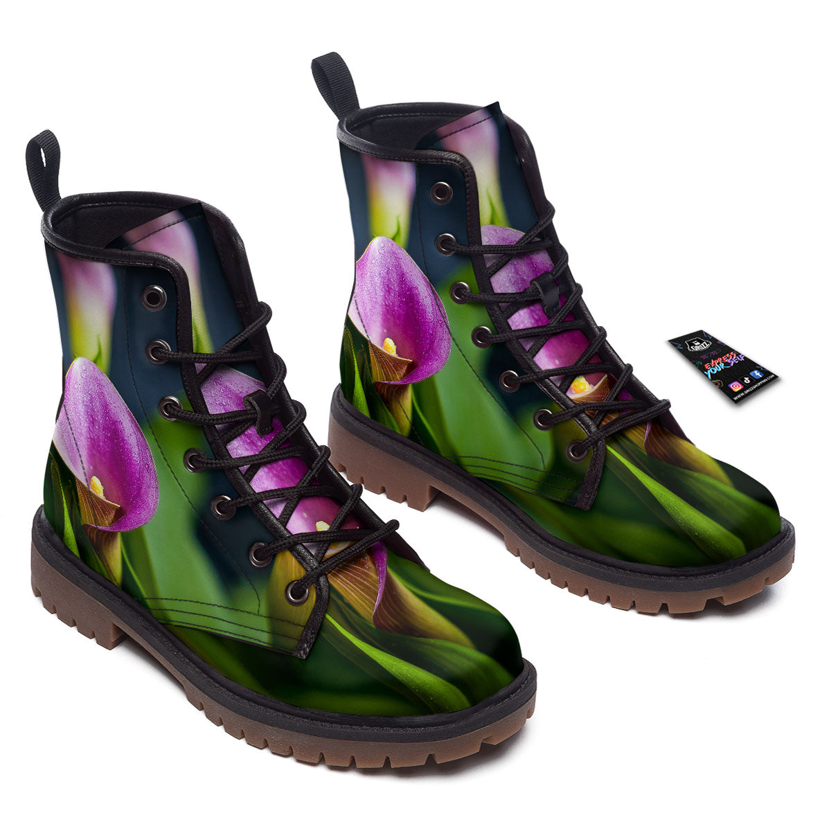 Flower Lily Purple Print Work Boots-grizzshop