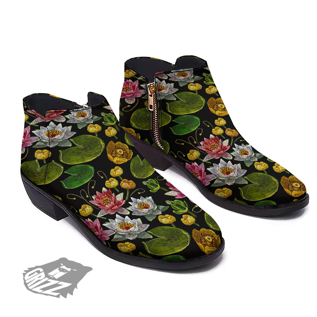Flower Lily Water Print Pattern Ankle Boots-grizzshop