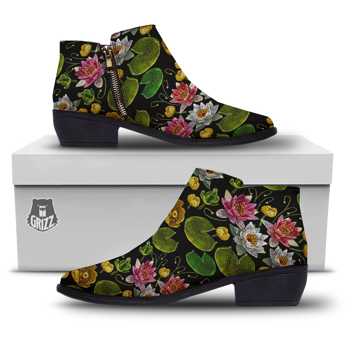 Flower Lily Water Print Pattern Ankle Boots-grizzshop