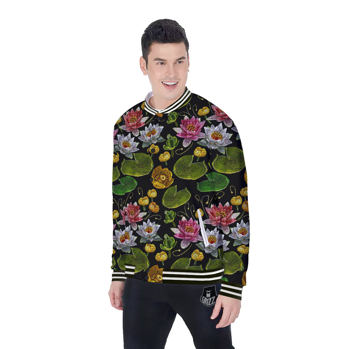 Flower Lily Water Print Pattern Baseball Jacket-grizzshop