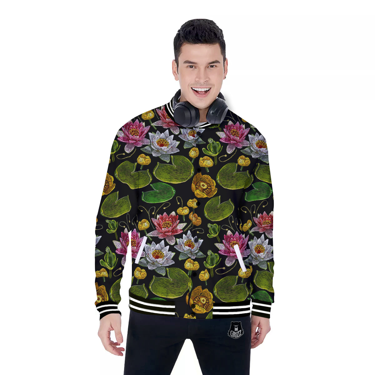 Flower Lily Water Print Pattern Baseball Jacket-grizzshop