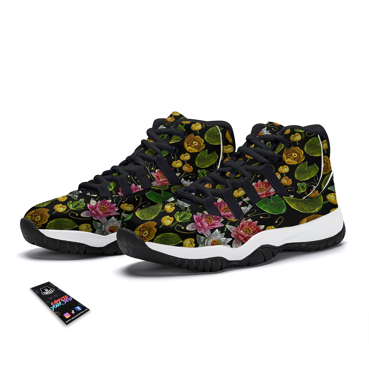 Flower Lily Water Print Pattern Black Bball Shoes-grizzshop
