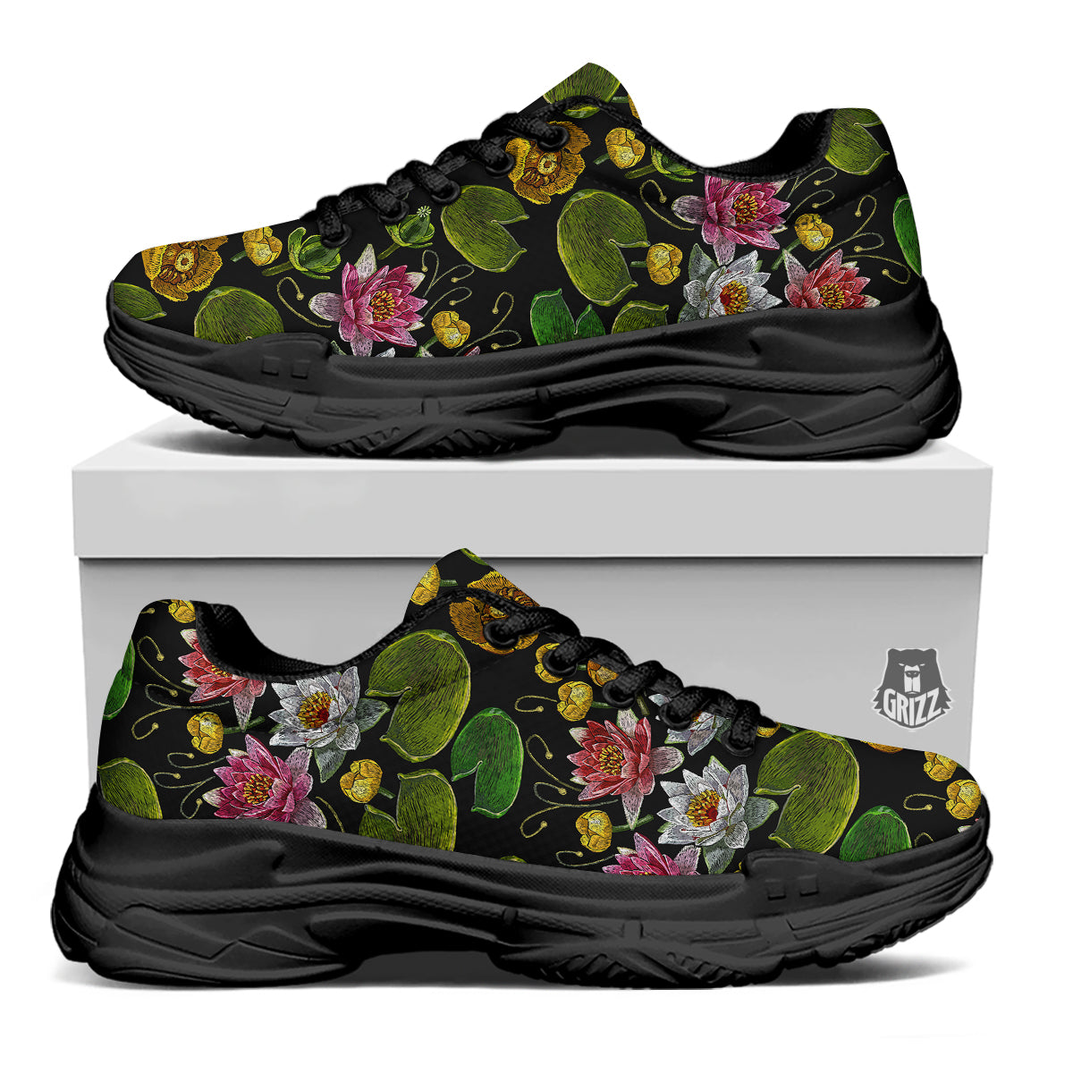 Flower Lily Water Print Pattern Black Chunky Shoes-grizzshop