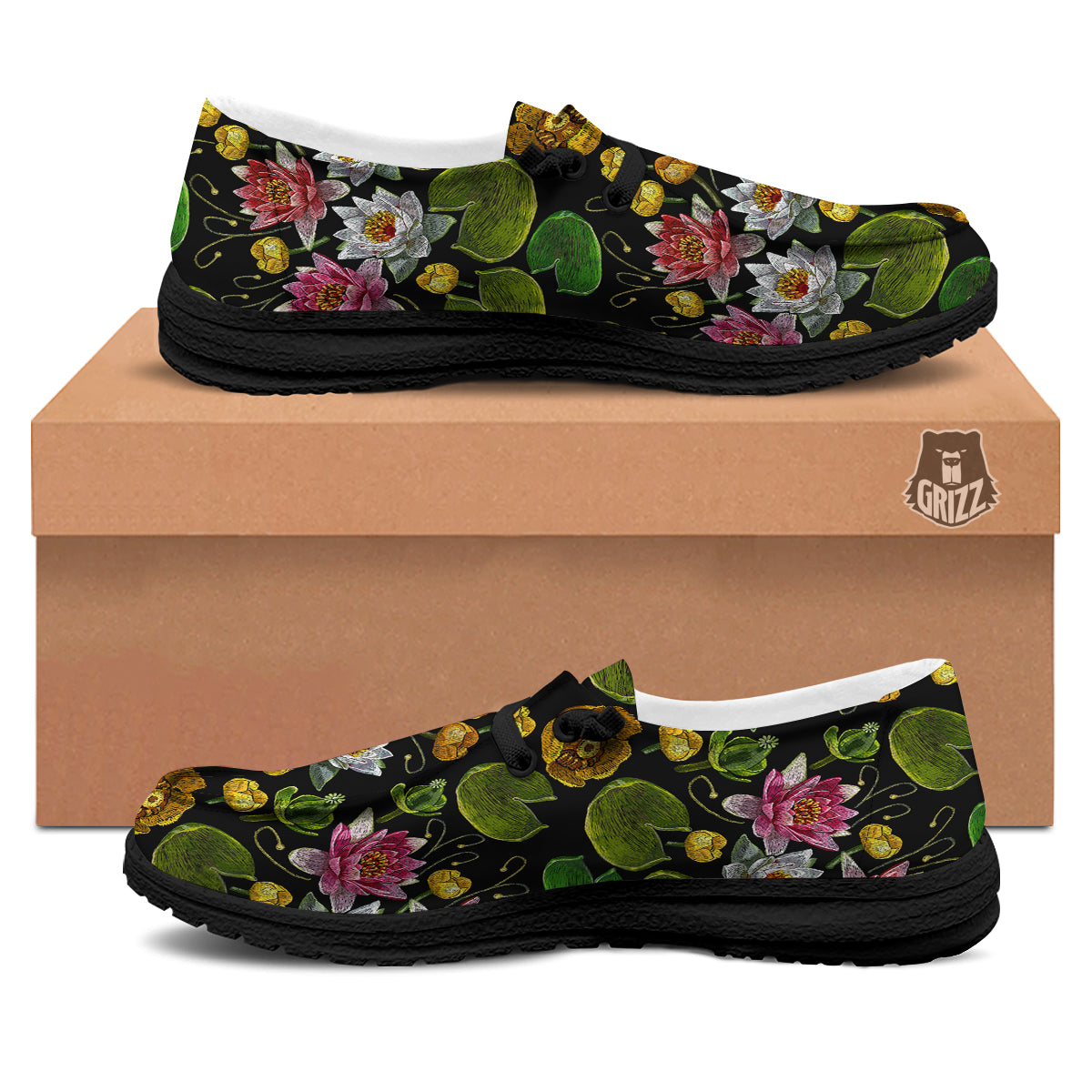 Flower Lily Water Print Pattern Black Loafers-grizzshop