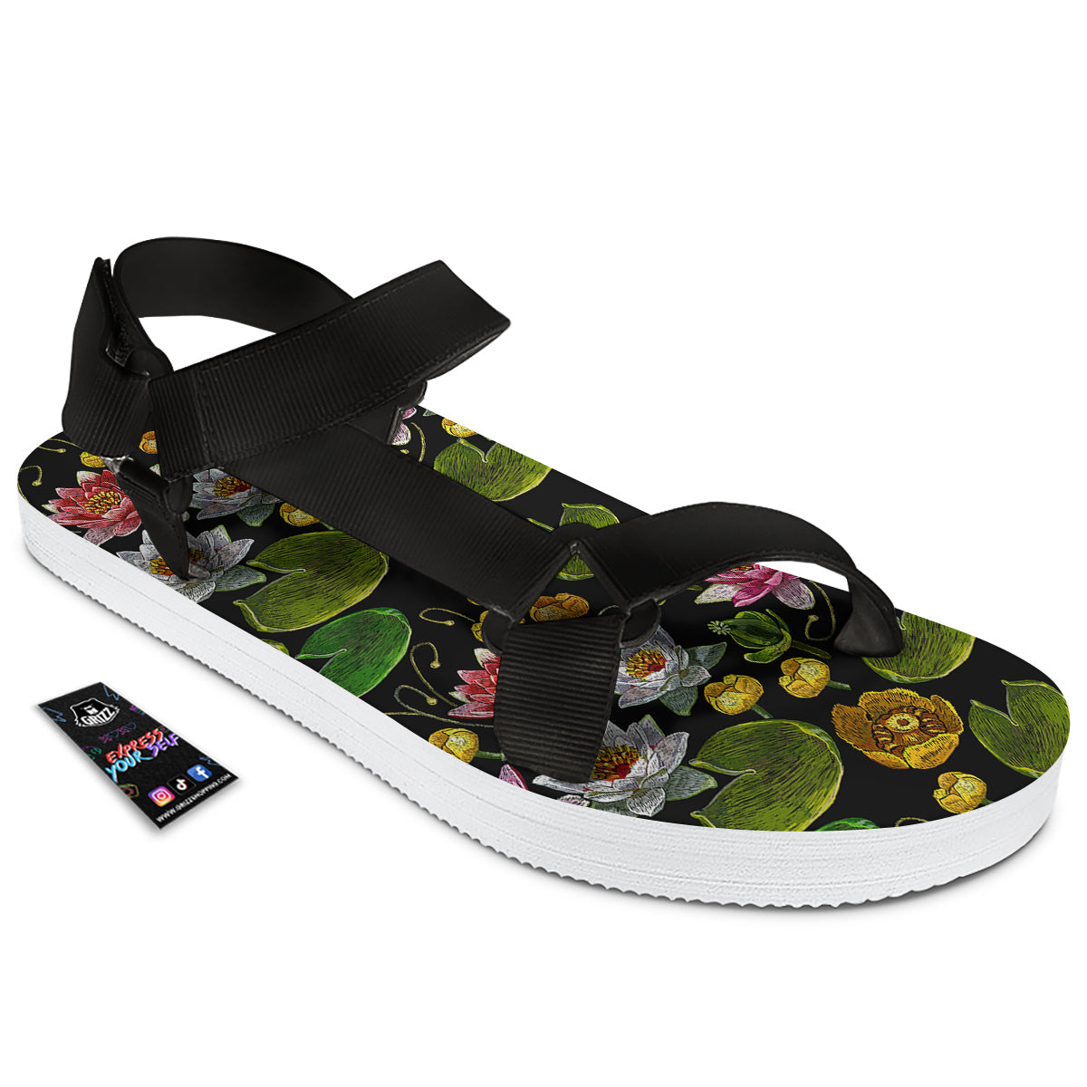 Flower Lily Water Print Pattern Black Open Toe Sandals-grizzshop