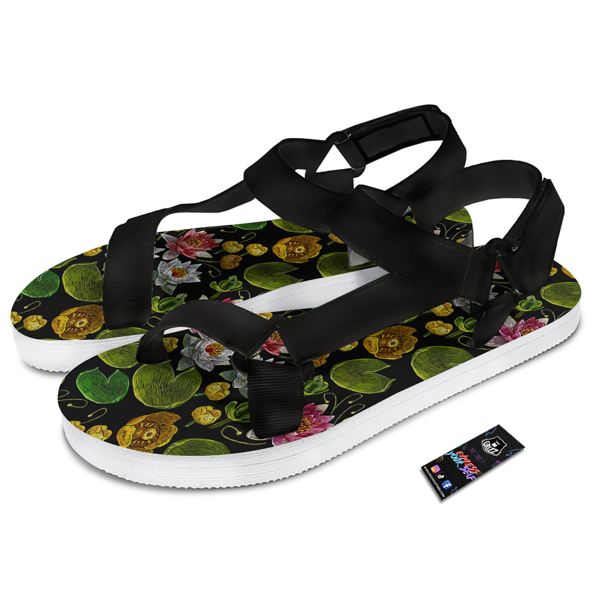 Flower Lily Water Print Pattern Black Open Toe Sandals-grizzshop