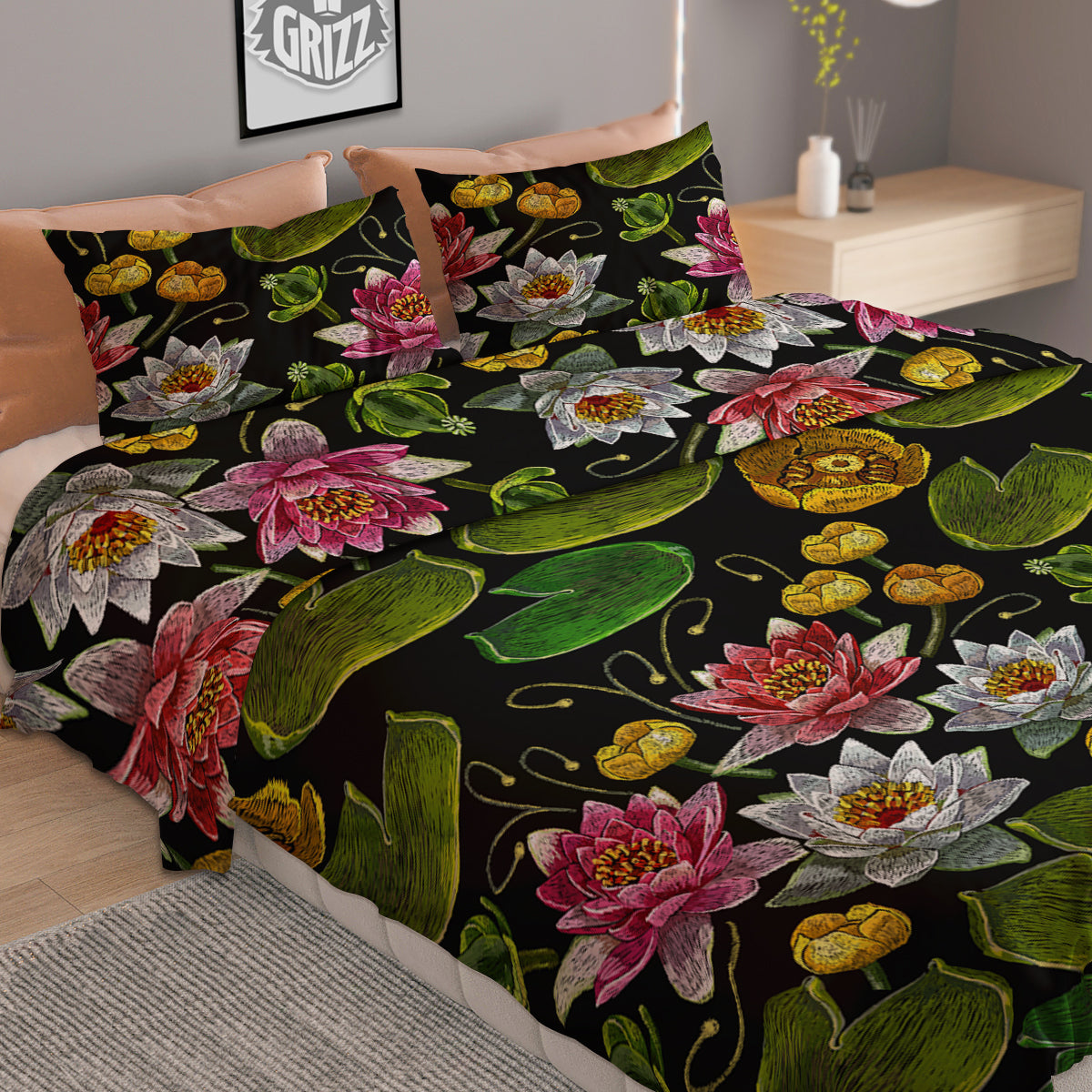 Flower Lily Water Print Pattern Duvet Cover Bedding Set