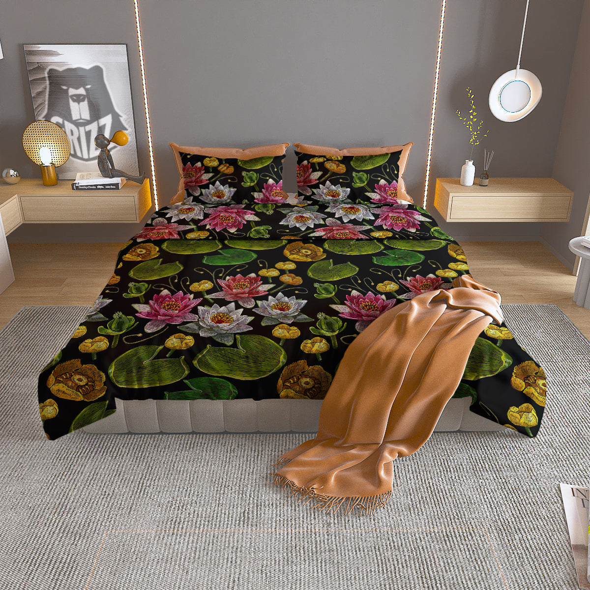 Flower Lily Water Print Pattern Duvet Cover Bedding Set