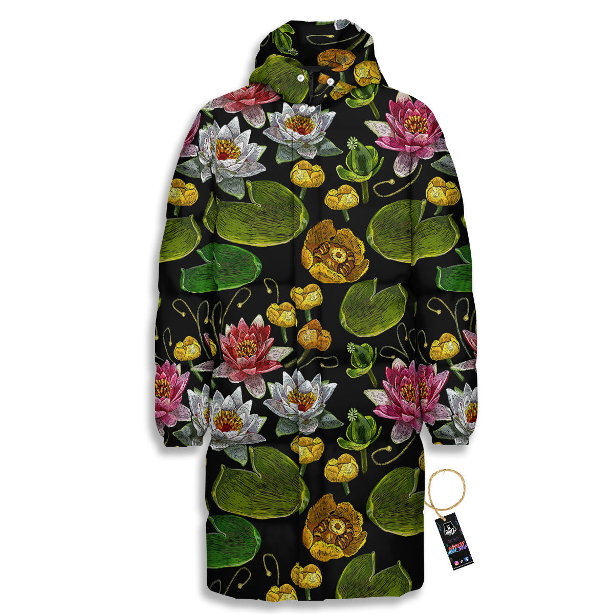 Flower Lily Water Print Pattern Long Down Jacket-grizzshop