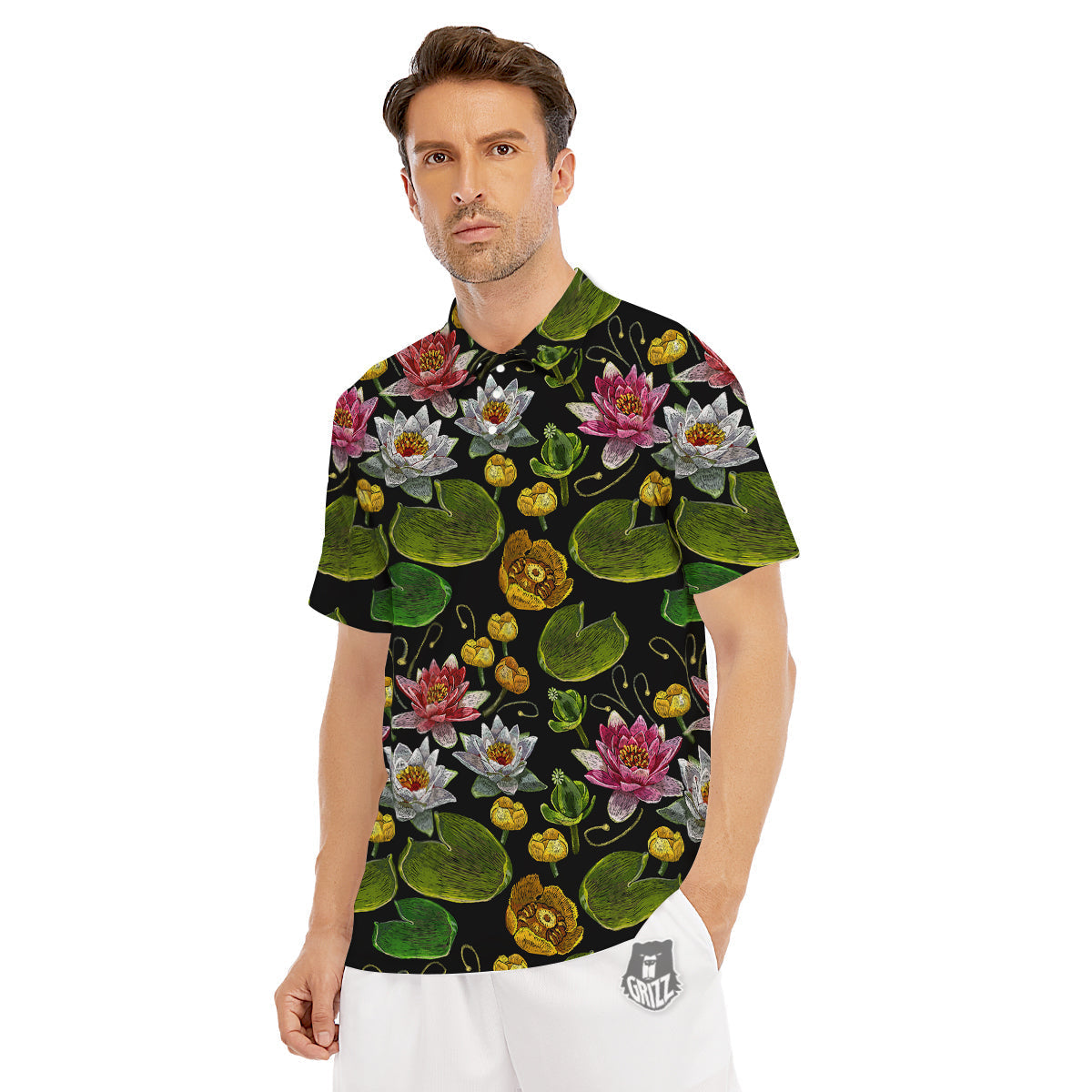 Flower Lily Water Print Pattern Men's Golf Shirts-grizzshop