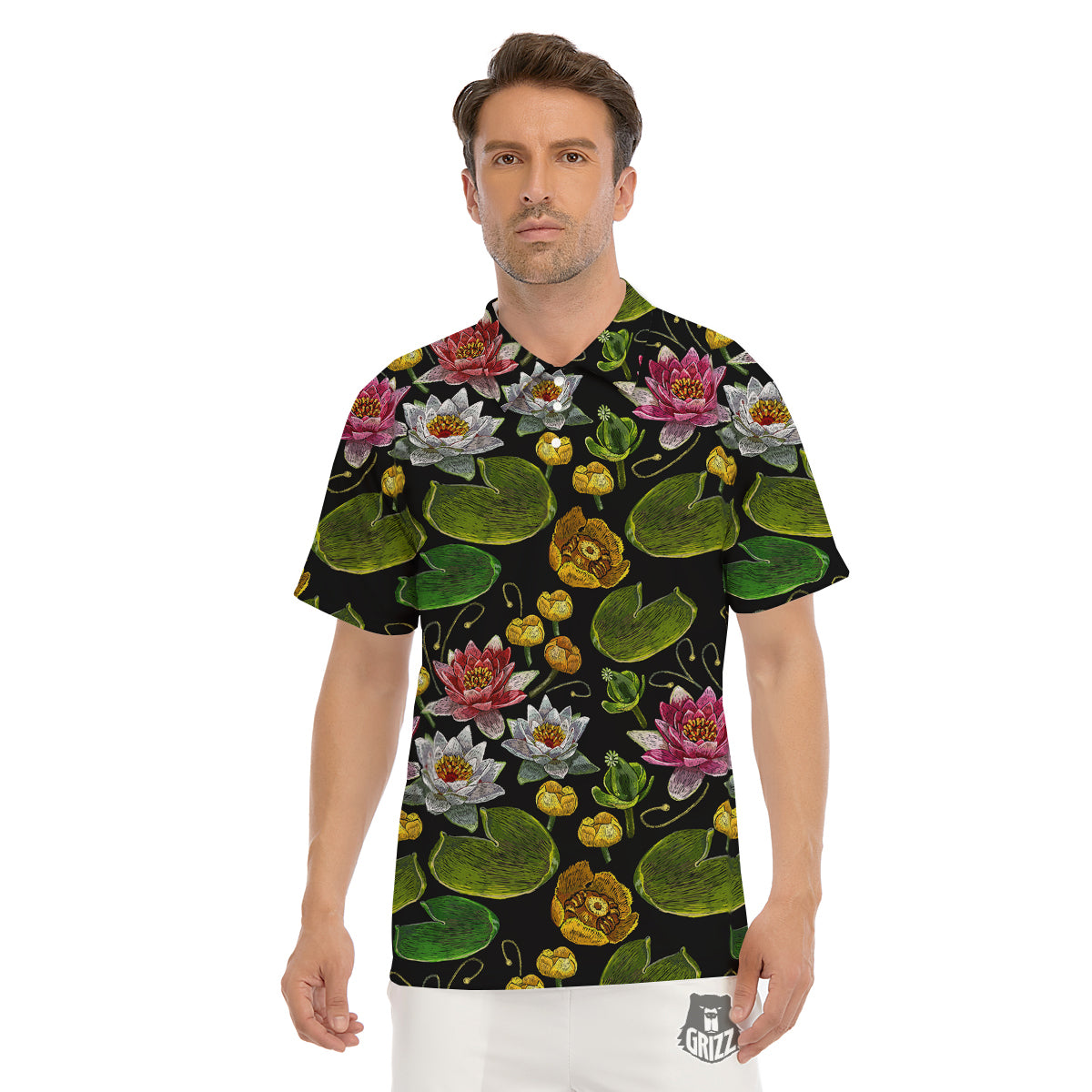Flower Lily Water Print Pattern Men's Golf Shirts-grizzshop