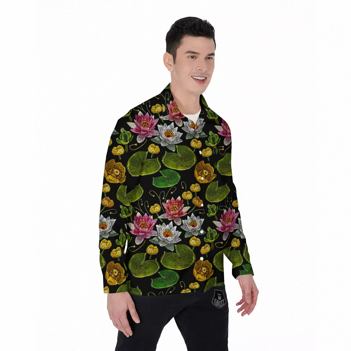 Flower Lily Water Print Pattern Men's Long Sleeve Shirts-grizzshop