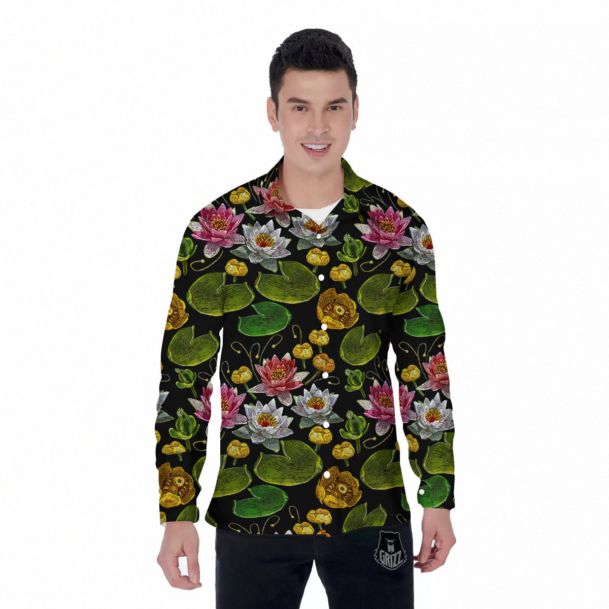 Flower Lily Water Print Pattern Men's Long Sleeve Shirts-grizzshop