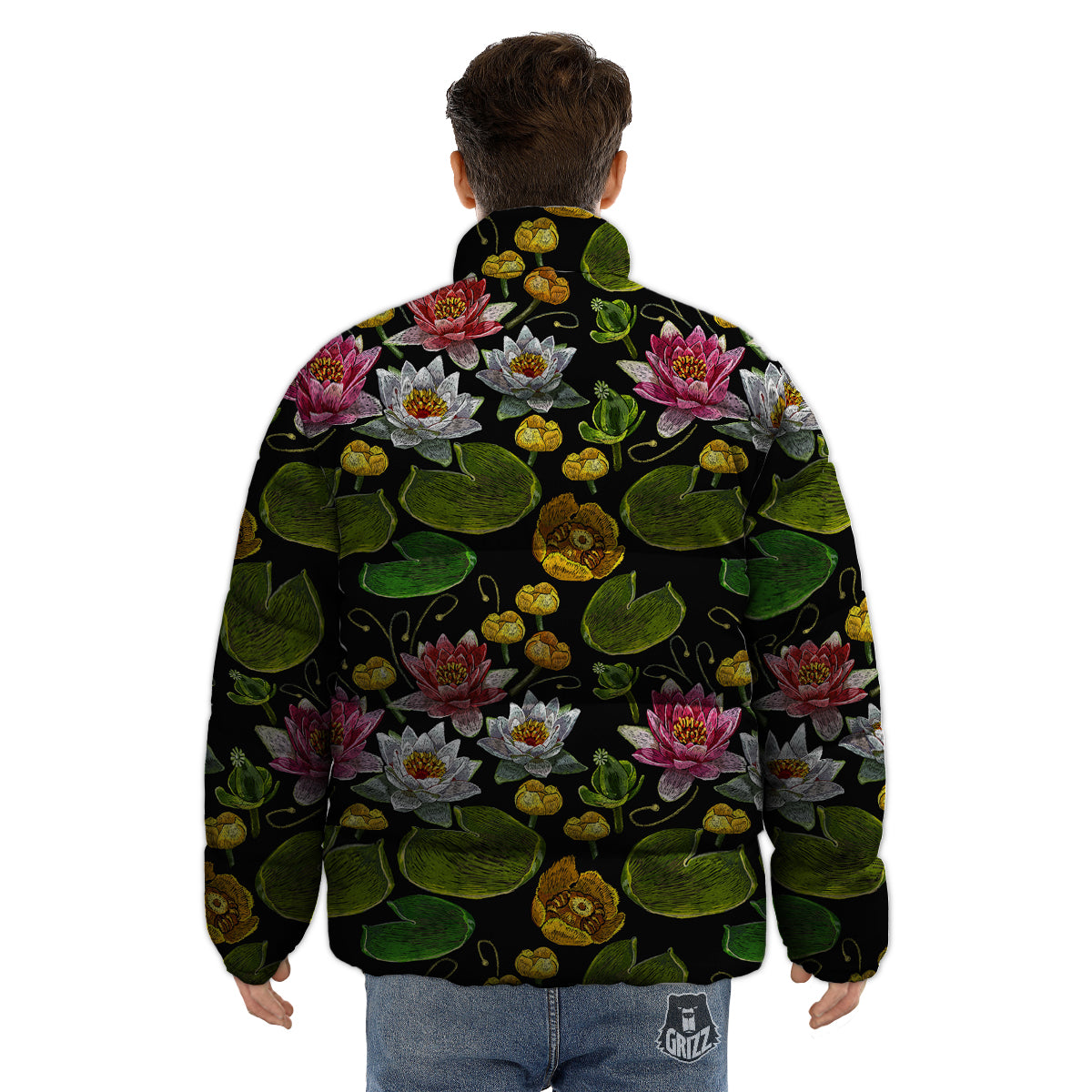 Flower Lily Water Print Pattern Puffer Jacket-grizzshop