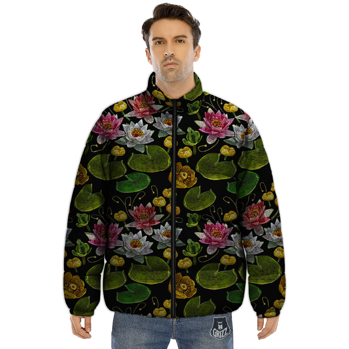 Flower Lily Water Print Pattern Puffer Jacket-grizzshop