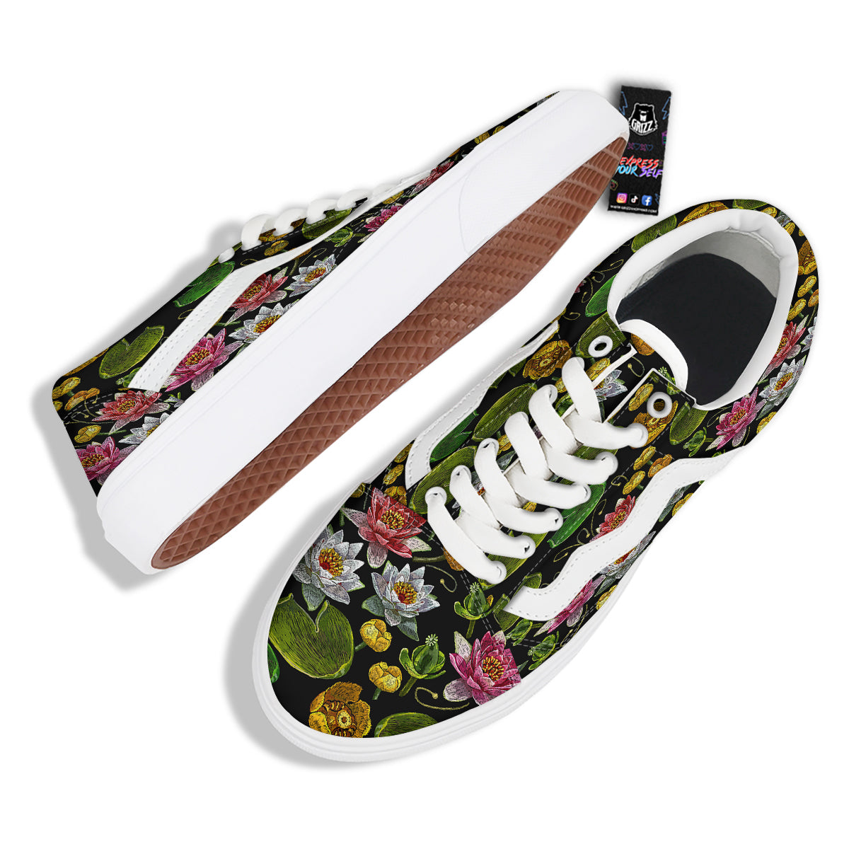 Flower Lily Water Print Pattern Skate Shoes-grizzshop