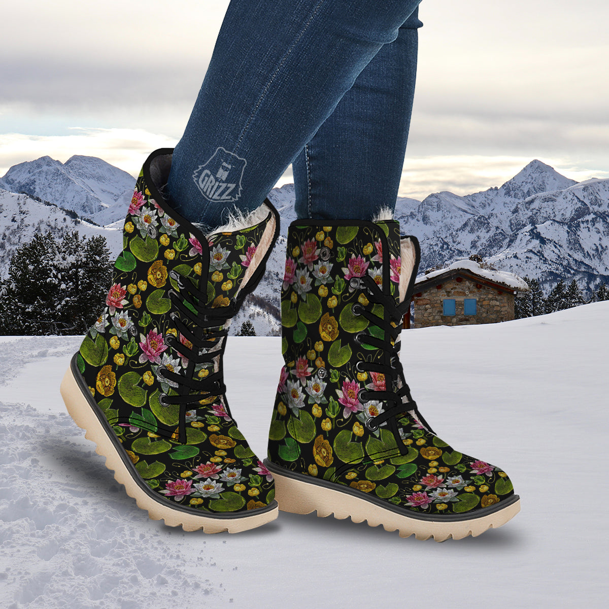 Flower Lily Water Print Pattern Snow Boots-grizzshop