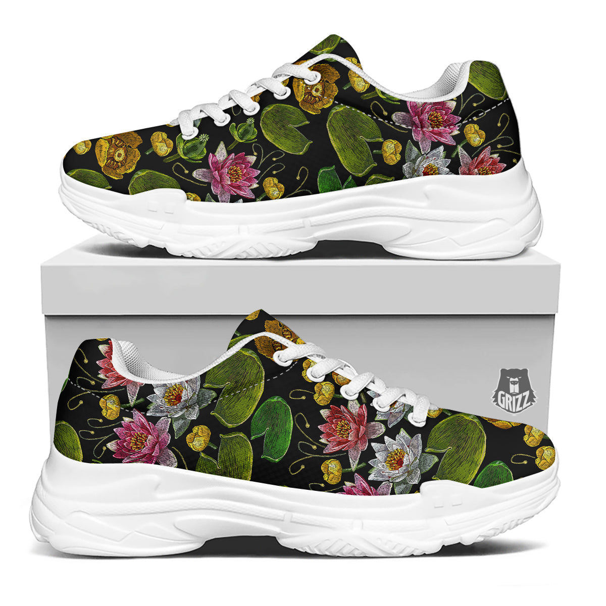 Flower Lily Water Print Pattern White Chunky Shoes-grizzshop