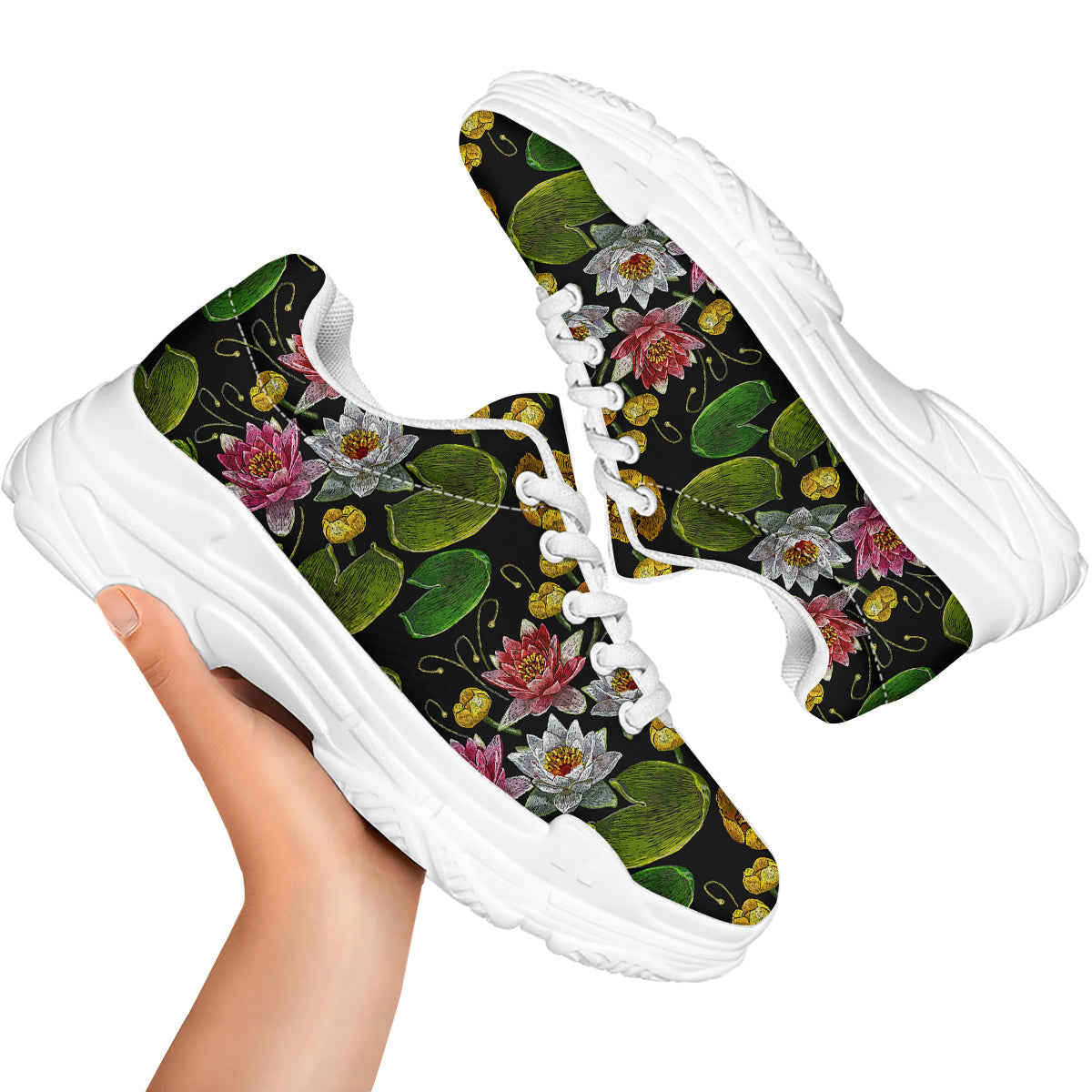 Flower Lily Water Print Pattern White Chunky Shoes-grizzshop