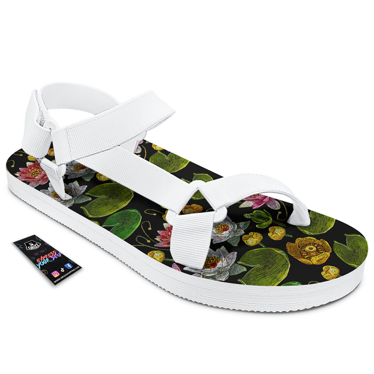 Flower Lily Water Print Pattern White Open Toe Sandals-grizzshop