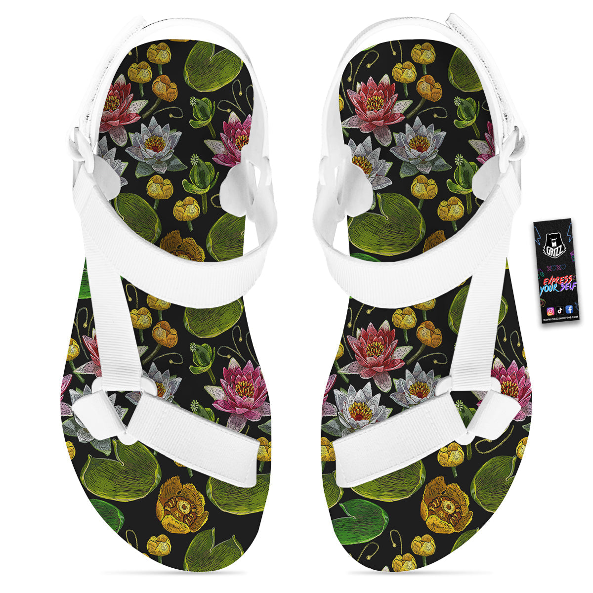 Flower Lily Water Print Pattern White Open Toe Sandals-grizzshop