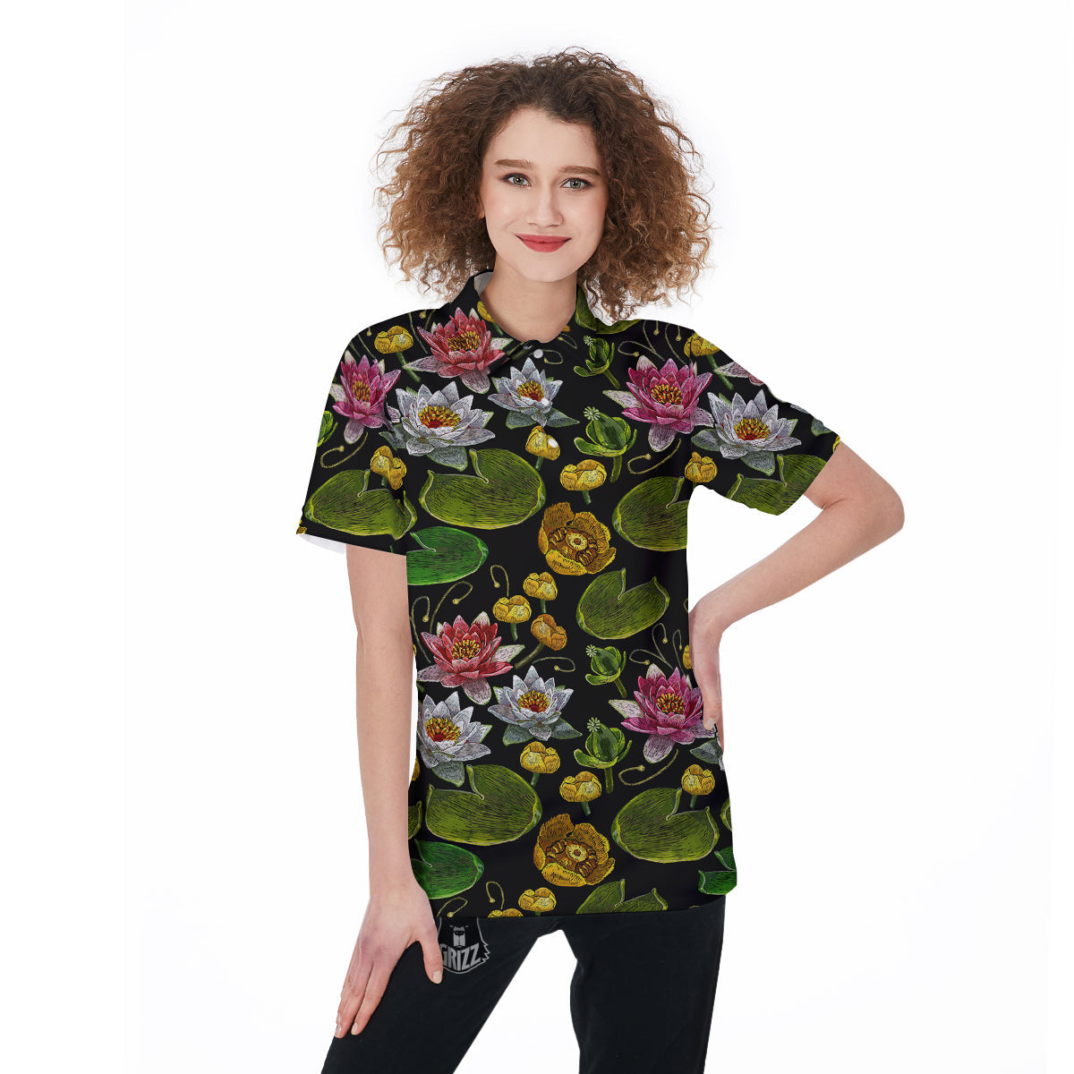 Flower Lily Water Print Pattern Women's Golf Shirts-grizzshop