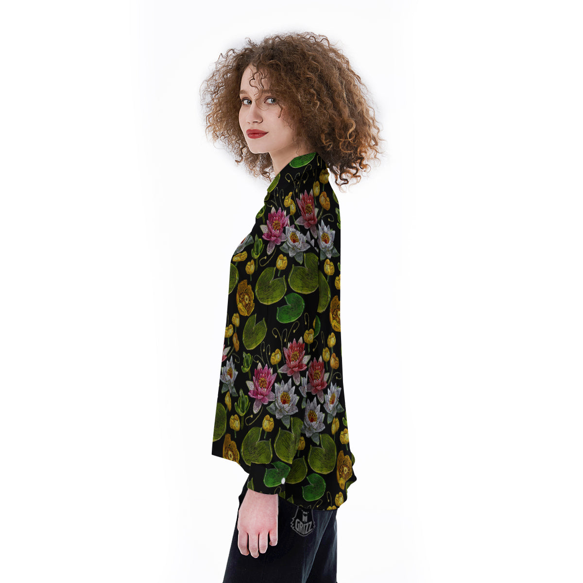 Flower Lily Water Print Pattern Women's Long Sleeve Shirts-grizzshop