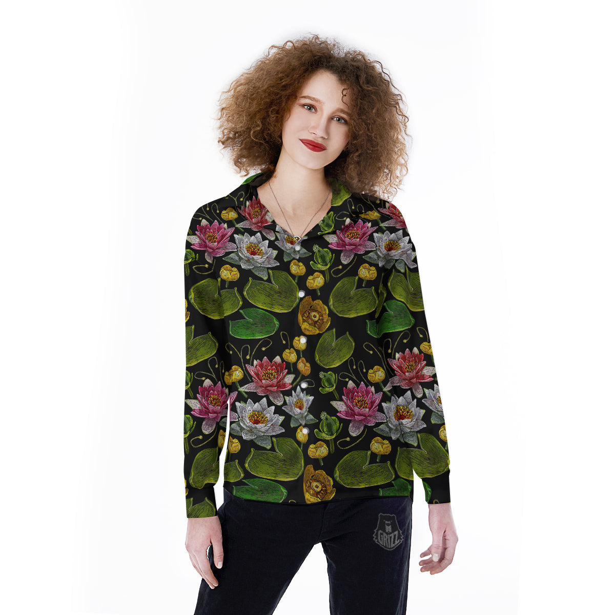 Flower Lily Water Print Pattern Women's Long Sleeve Shirts-grizzshop