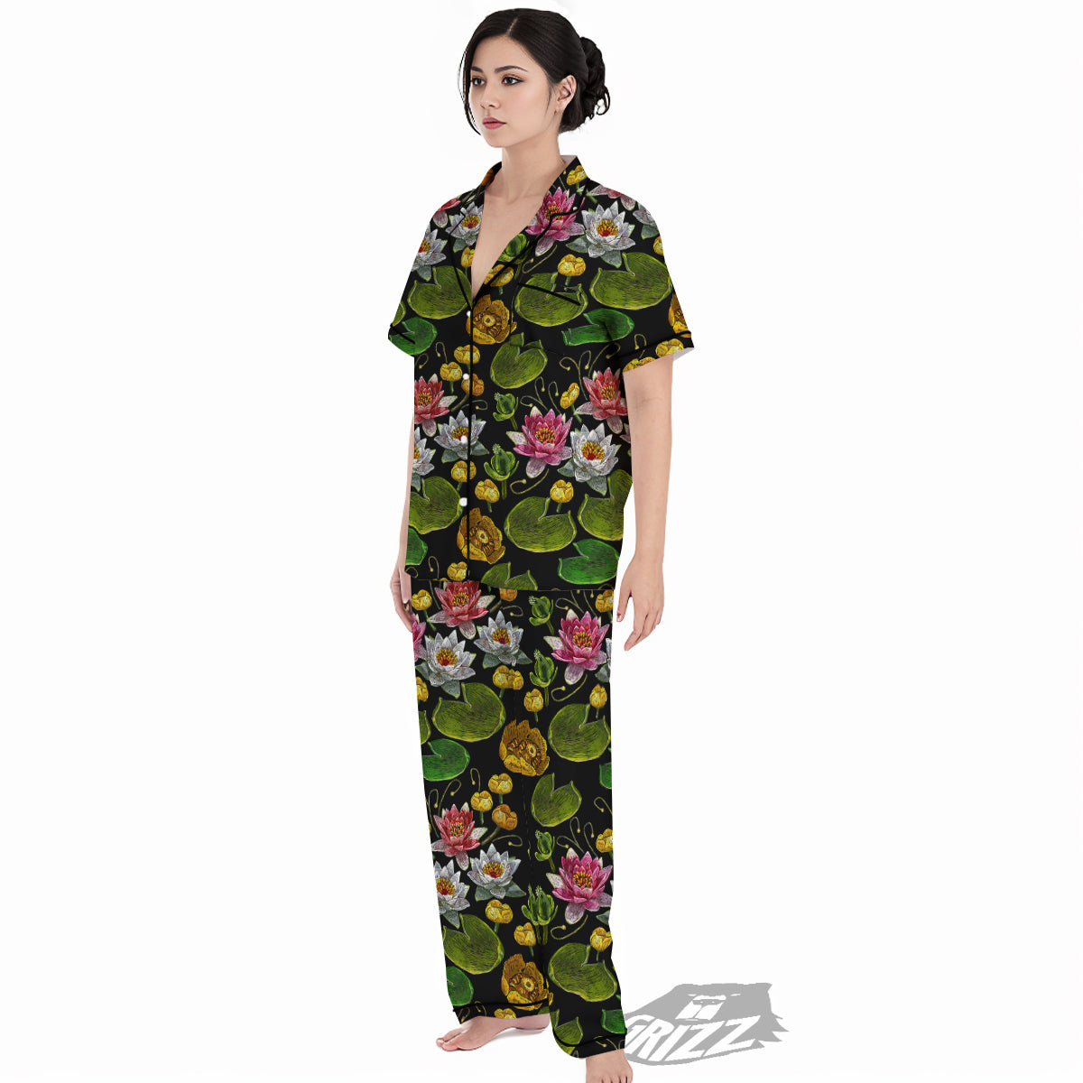 Flower Lily Water Print Pattern Women's Pajamas Set-grizzshop