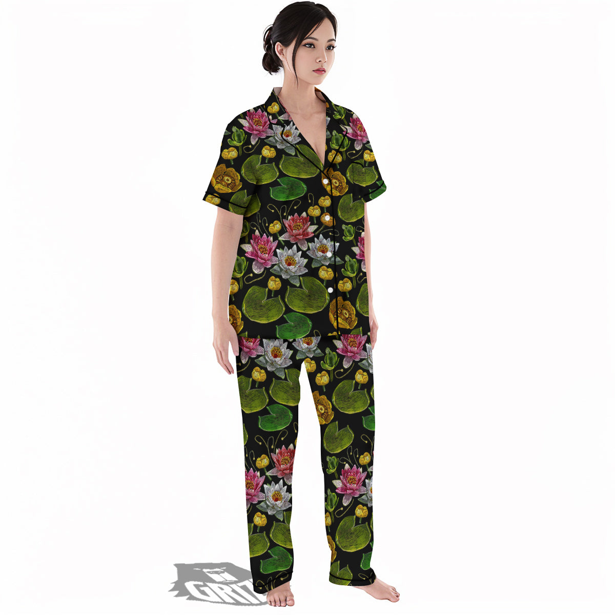 Flower Lily Water Print Pattern Women's Pajamas Set-grizzshop