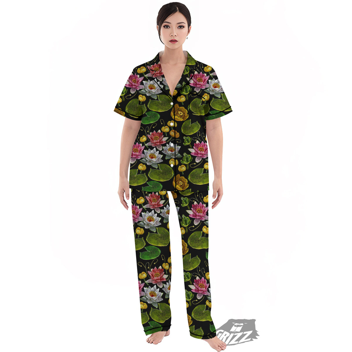 Flower Lily Water Print Pattern Women's Pajamas Set-grizzshop