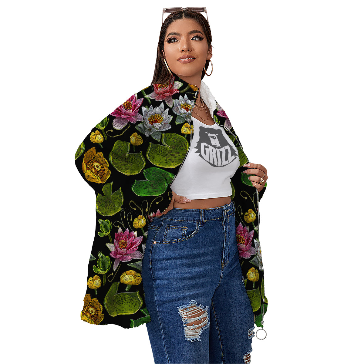 Flower Lily Water Print Pattern Women's Sherpa Jacket-grizzshop