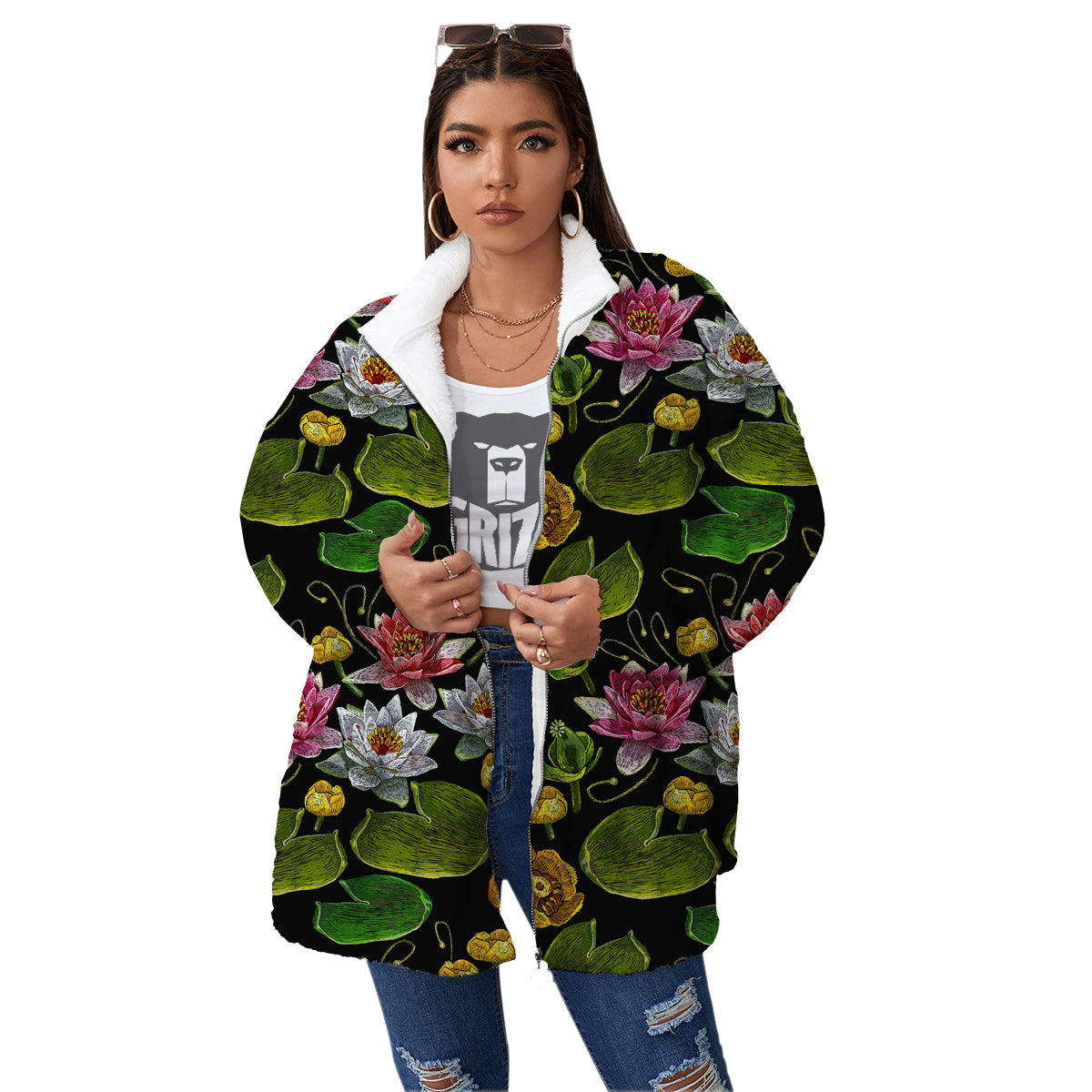 Flower Lily Water Print Pattern Women's Sherpa Jacket-grizzshop
