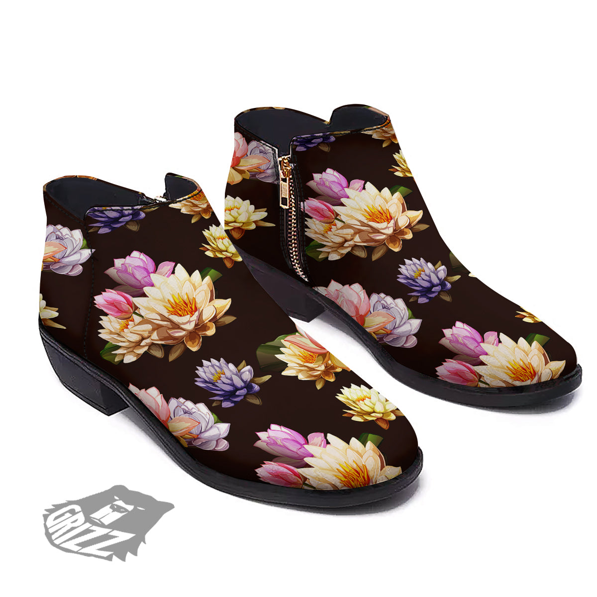 Flower Lotus Vintage Print Pattern Ankle Boots-grizzshop